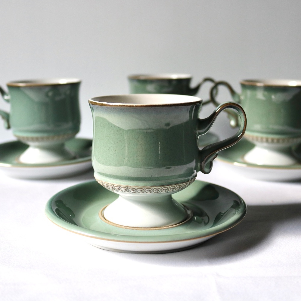 DENBY Set of 4 Vintage Venice Green Stoneware Tea Coffee Cup Saucer Fall